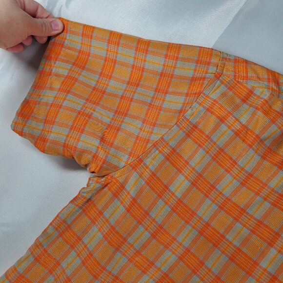 Point Zero Button Up Short Sleeve Shirt Orange Tan Plaid 1 Pocket Youth Sz M - Picture 4 of 5